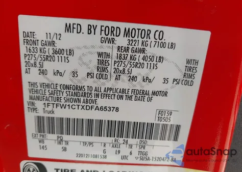 2013 Ford F-150 Fx2 z USA, uszkodzony, nr VIN 1FTFW1CTXDFA65378